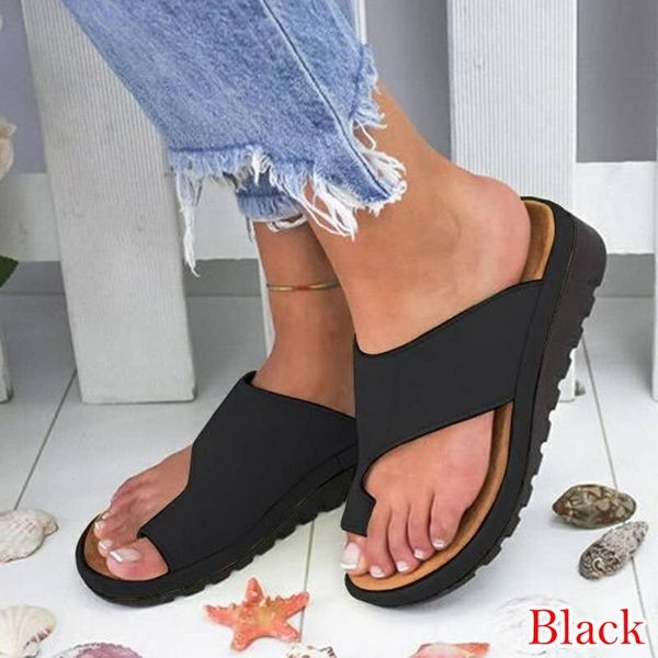

summer women slippers flat sole casual soft big toe foot sandal shoes comfy platform orthopedic bunion corrector plus size, Black
