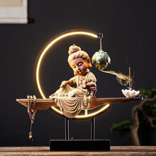 

fragrance lamps little bodhisattva backflow incense burner led light ceramics smoke waterfall sticks holder with 20 pcs cones home decor