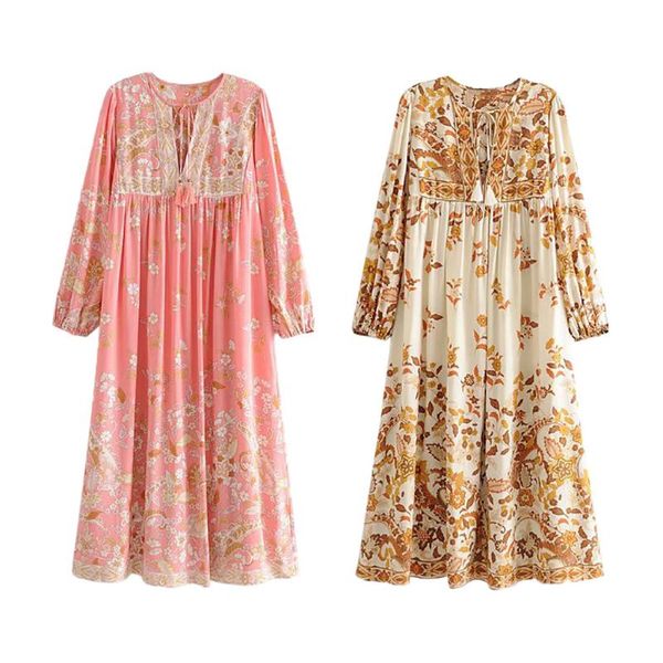 

women's bohemian dresses plus size printed tassels with wide bands and long swing loose casual floral printing, Black;gray