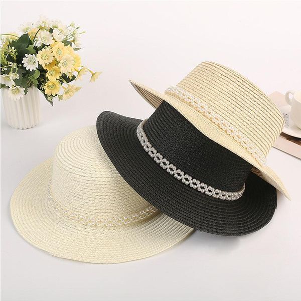 

wide brim hats elegant women's summer hat pearl decoration sun protection cap female flat foldable straw beach, Blue;gray