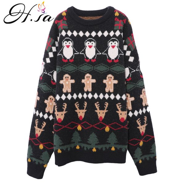 

h.sa women winter pullover sweaters christmas sweater and long sleeve snowman cartoon red jumpers cute knitwear 210417, White;black