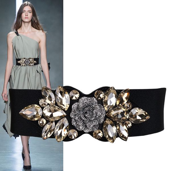 

women belts luxury brand rose rhinestone belt inlaid elastic belt ladies dress down jacket decorated with black girdle butterfly, Black;brown