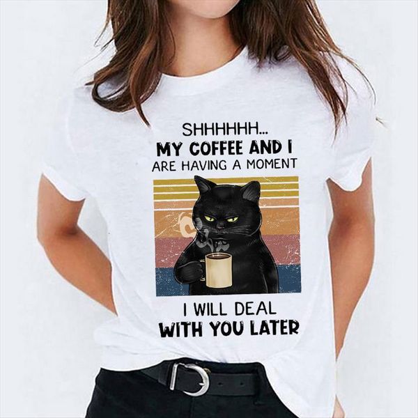 

graphic cartoon cat coffee clothing women t shirts trend fashion 90s ladies print lady womens female tee shirt, White