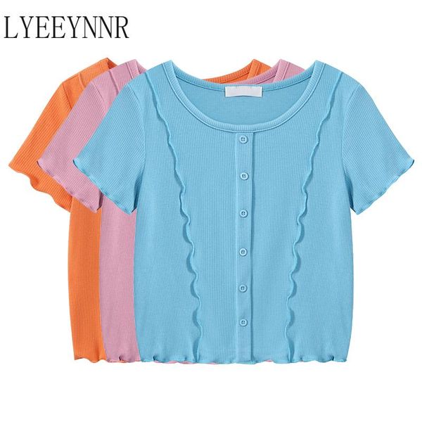 

women's t-shirt lyeeynnr 2021 spring fashion women korean ins style ladies o-neck short sleeve slim waist breasted casual, White