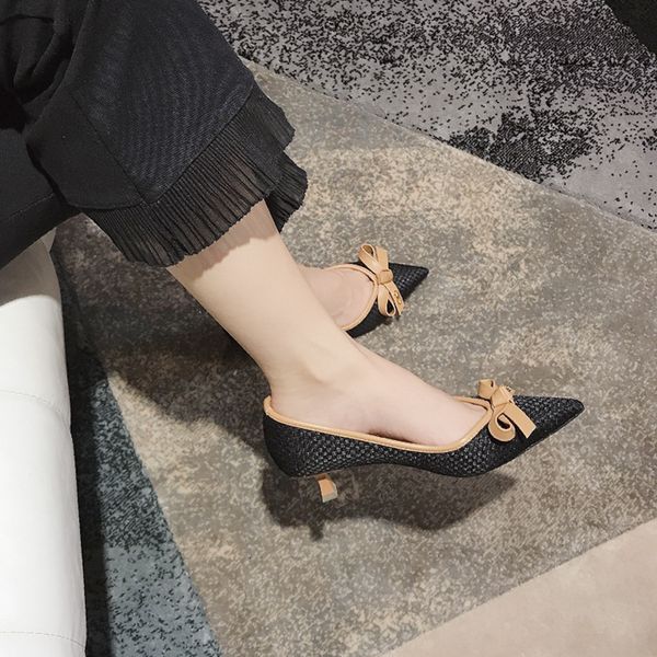 

sandals 982-c1 black korean chic bowknot color matching woven high heels women's slim heel pointed single shoes 9or7