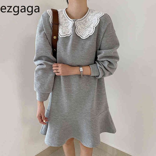 Ezgaga vestido vintage mulheres casual moda bordado patchwork peter pan colar solto sereia vestidos coreano menina doce outono 210430