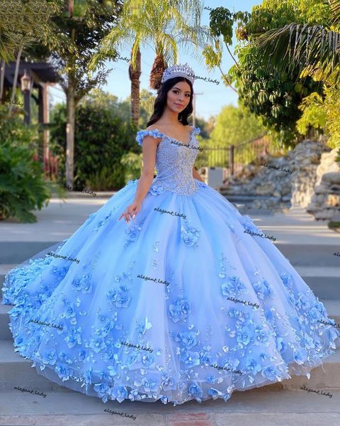 Erröten Himmelblau Quinceanera Kleider 2021 schulterfrei Pailletten Perlen Blumen Prinzessin Party Sweet 16 Ballkleid Vestidos De 15 A￱os