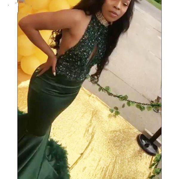 

luxury major beaded feather mermaid prom dresses girls evening gowns backless long evening wear party dresses 2021 robe court train, Black;red