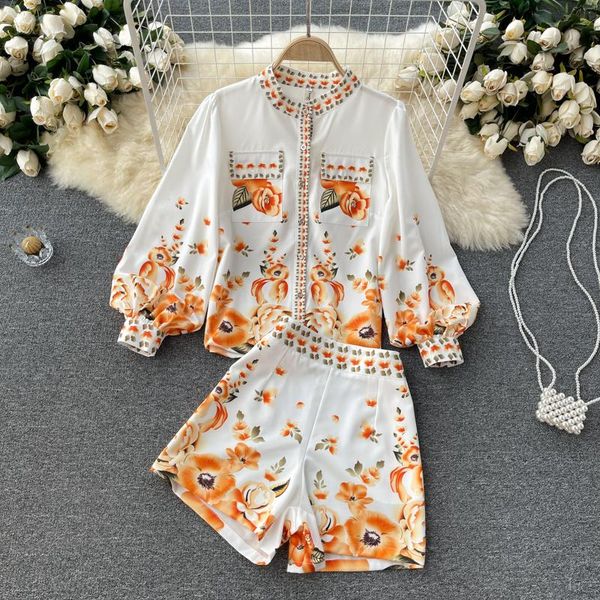 

women's tracksuits 2021 temperament suit spring wear puff sleeve shirt female versatile high waist wide leg shorts two-piece gl295, Gray