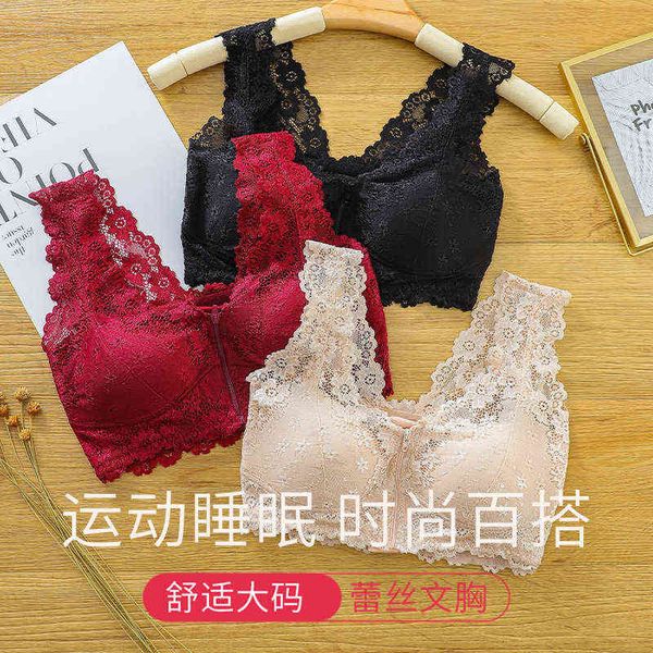 

lace lingerie wireless bra for underwear front zipper without steel ring to gather breathable lace sports bra 211117, Red;black