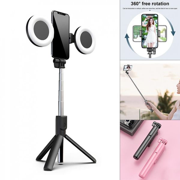 

j861 wireless selfie stick tripod double lamp dimmable selfie ring fill light fill lamp foldable fit for smartphones