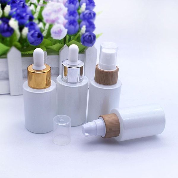 

storage bottles & jars 30ml pearl white glass dropper bottle cosmetic bamboo lid lotion spray pump packaging container 30pcs