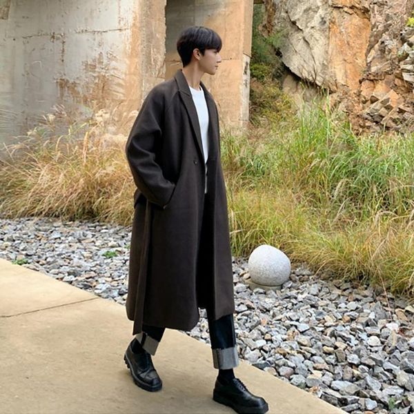 

men's wool & blends winter woolen coat male british style over-the-knee korean trendy thick windbreaker mid-length clothing, Black