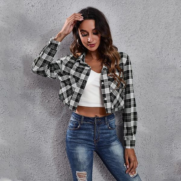 

women's jackets thin black white plaid women coat single breasted long sleeved casual all match cropped jacket 121523wwa, Black;brown