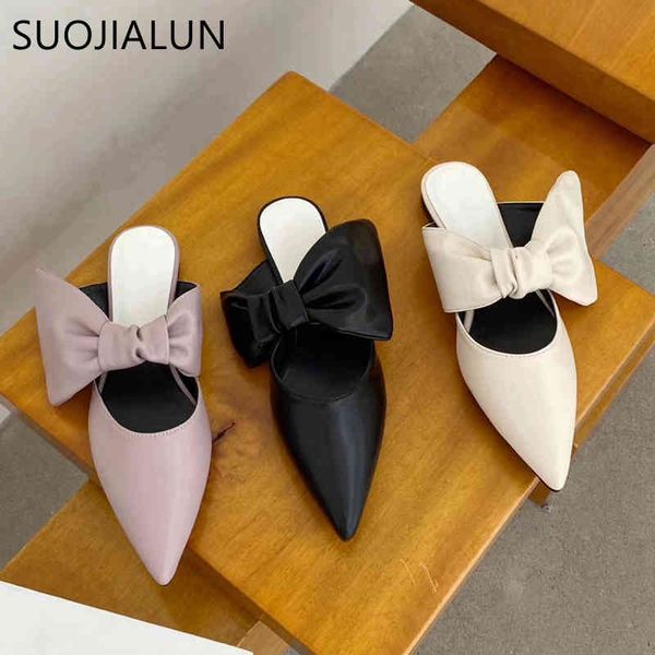 

suojialun 2020 new elegant women slippers pointed toe slip on mule shoes fashion bow-knot flat heels sandal outsides beach slide c0330, Black