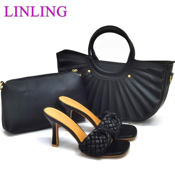 

dress shoes slippers ladies elegant heels 2021 fashion brand weave sandals slip on slide femmes sandales mujer slipper and bags set, Black