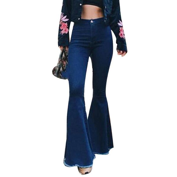 

women's jeans fashion women solid color high waist slim bell-bottoms denim pants trousers, Blue