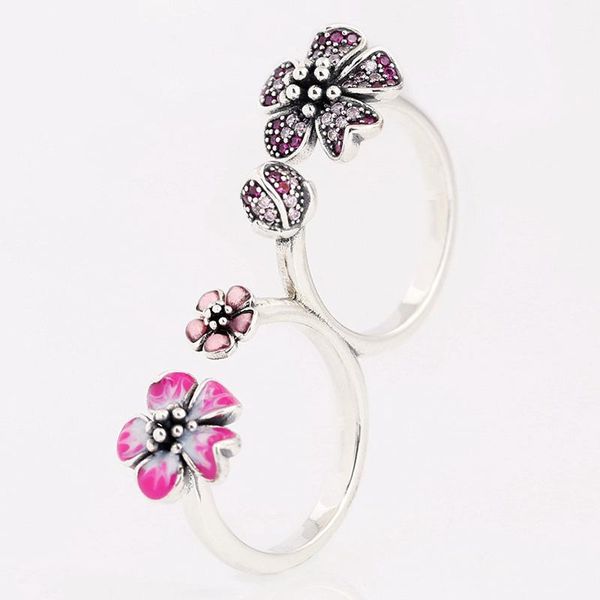 

cluster rings original 925 sterling silver pan fashionable color enamel double ring peach blossom for women wedding party fashion jewelry, Golden;silver