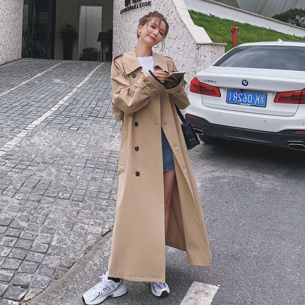 

women's trench coats khaki long windbreaker spring autumn coat female cotton embroidered have lining loose wear a belt ladies cloa, Tan;black