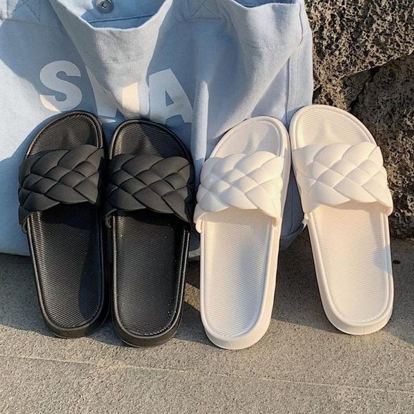 

slippers soft pillow slides summer women sandals 2021 fashion pleated slipper woman non-slip indoor bathroom beach ladies shoes, Black