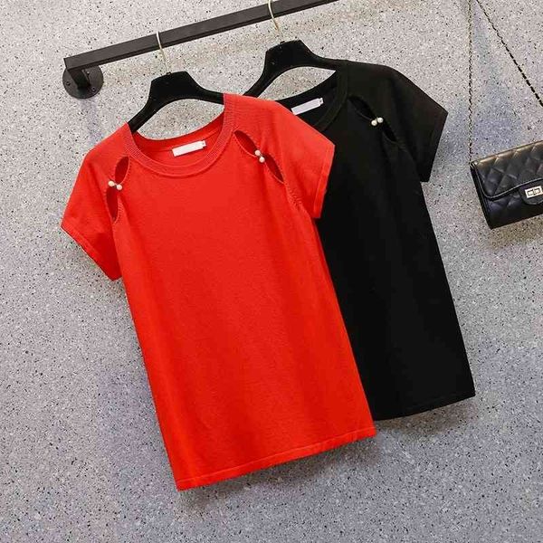 

4xl large size summer ice silk short sleeve t-shirt loose beading thin knitting oversized solid sweater pullover jersey mujer 210604, White;black