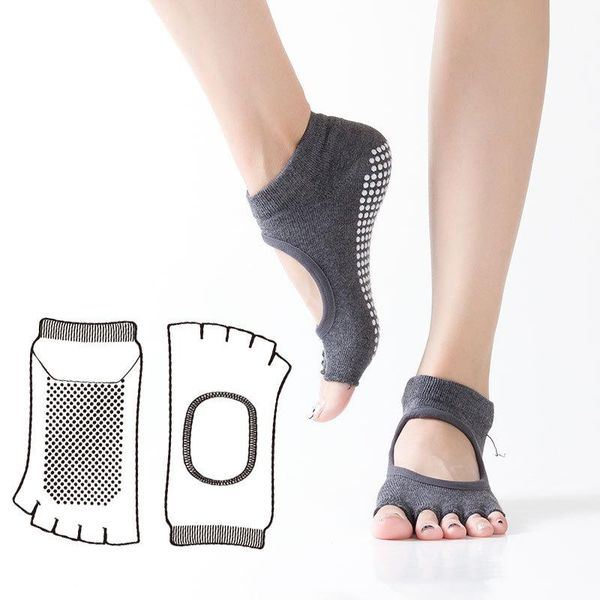 

sports socks 2pairs backless open toe women yoga anti slip silicone dots slippers dance gym fitness pilates non five fingers, Black