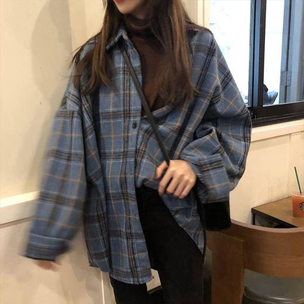 

junelove autumn long sleeve vintage womens blouses loose plaid casual street lady korean oversized top, White
