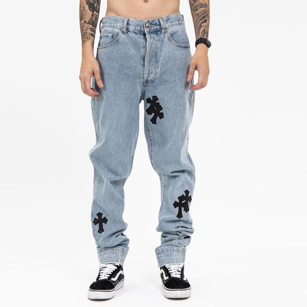 

men's jeans genuine leather cross embroidery for men 2021 high street blue homme loose straight hearts pants moto trouse