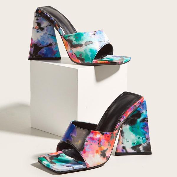 

slippers high-heeled shoes lady ladies' square heel slipers women low block summer 2021 rome slides rubber basic pu fabric toe, Black