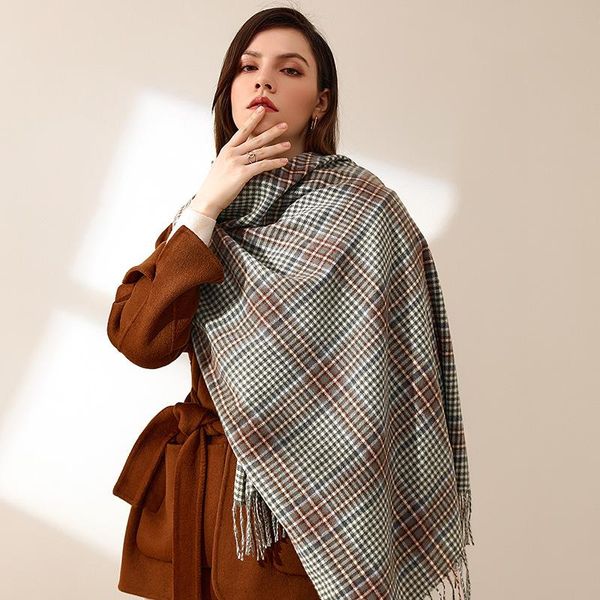

scarves classic winter plaid double-sided imitation cashmere scarf women thick blanket pashmina and shawls foulard neckerchief, Blue;gray