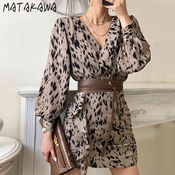 

matakawa korea chic temperament leopard print femme robe v-neck cross slim waist vestido lace ruffled bodycon dress for women 210513, Black;gray