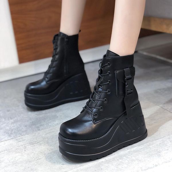 

boots plus size 43 winter ankle for women wedge high heel platfom botas mujer chaussure femme pu leather height increasing shoes, Black