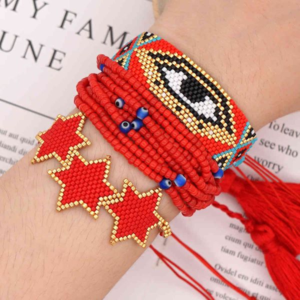 

go2boho women turkish evil eye bracelet miyuki jewelry red beaded loom star pulsera mujer handmade tassel joyeria, Golden;silver