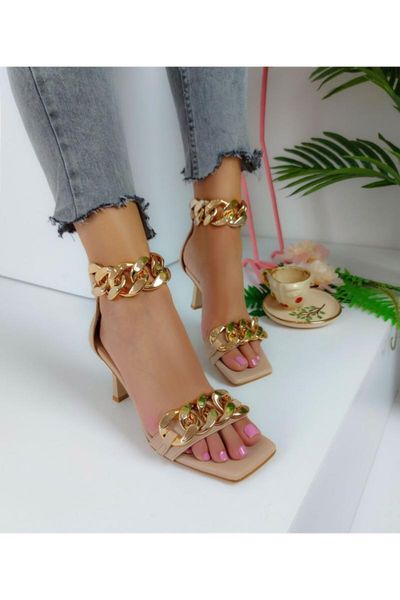 

sandals women nude matte leather chain detail square toe, Black
