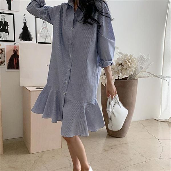 

spring summer shirt striped women dresses ruffles trumpet oversize buttons wrist long dress dr8071, Black;gray