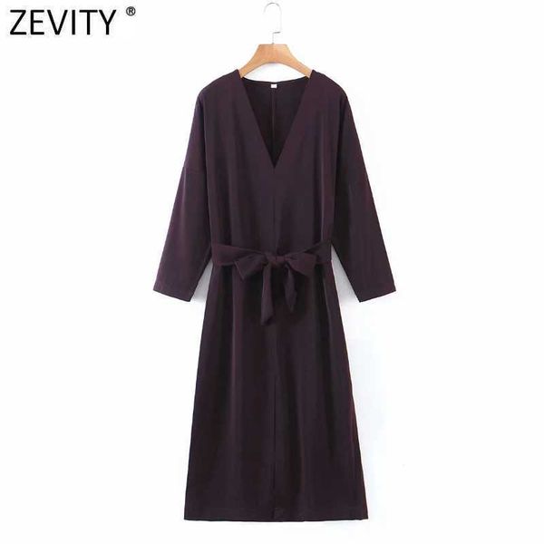 Zevity Frauen Vintage V-Ausschnitt Einfarbig Schleife Gebunden Schärpen Split Midi Kleid Büro Damen Business Casual Party Vestido DS5042 210603