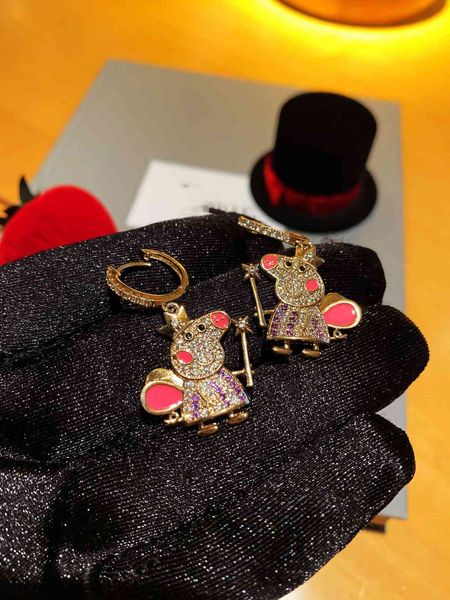 

stud earrings d family compass caibao pig micro inlaid s925 silver ear nails, Golden;silver