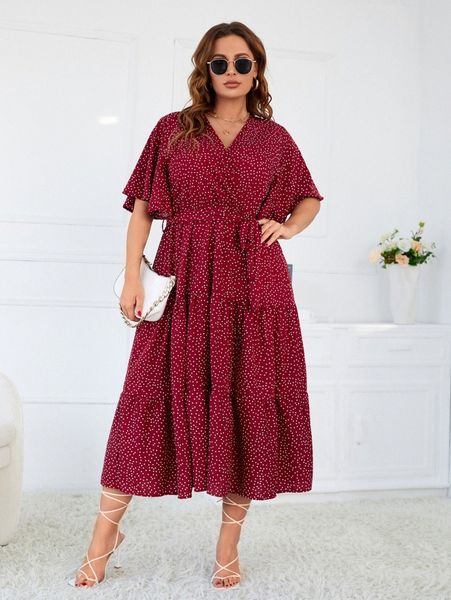 

plus polka dot print butterfly sleeve ruffle hem belted dress a9mu#, Black