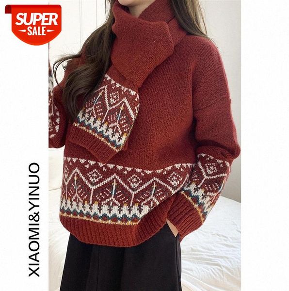 

[ou fan] 7794 retro christmas sweater turtleneck women thicken loose knitwear #tm5n, Black;gray