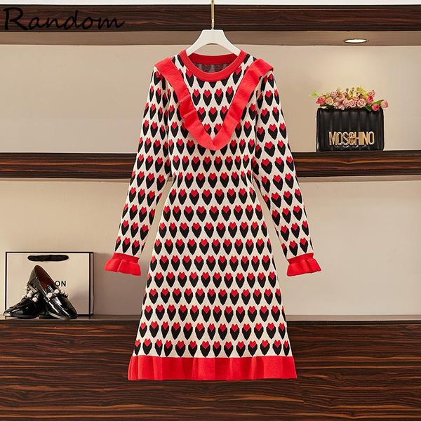 

casual dresses women winter knitted warm dress long sleeve o neck chic streetwear heart print ladies sweater pleated a line ruff cloth, Black;gray