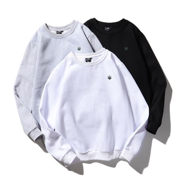 

Yuwenle tide brand men's hemp leaf embroidery Plush round neck sleeve simple youth loose sweater fashion, White