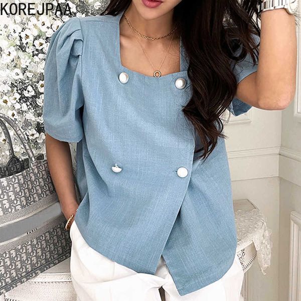

korejpaa women shirt summer korean chic french temperament square collar double breasted loose all-match puff sleeve blouse 210526, White