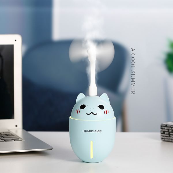 

3 in 1 usb air humidifier diffusers cat print ultrasonic cool-mist adorable pet mini aroamtherapy with led light fan 320ml 1221662