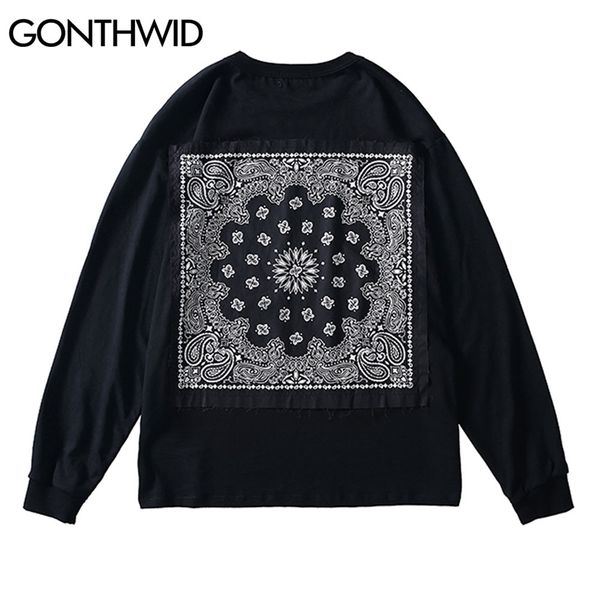 Bandana paisley padrão patchwork manga comprida camiseta streetwear mens hip hop casual algodão solto tshirts tops masculino 210602