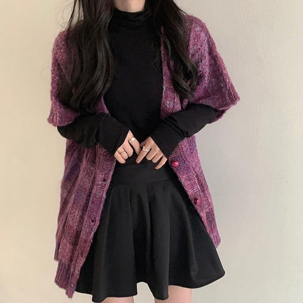 

women's vests tie dye korean style purple lazy women v neck loose sweater single breasted clothing cardigan vest jacket blouse renderin, Black;white