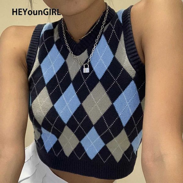 

heyoungirl v neck vintage argyle sweater vest women black sleeveless plaid knitted crop sweaters casual autumn preppy style 211008, Black;white
