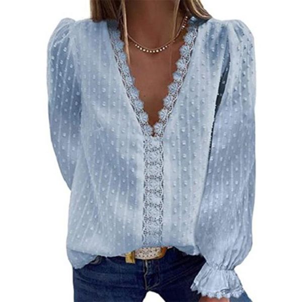 

women's blouses & shirts lace v neck casual jacquard pom shirt long sleeve crochet tunic flowy, White