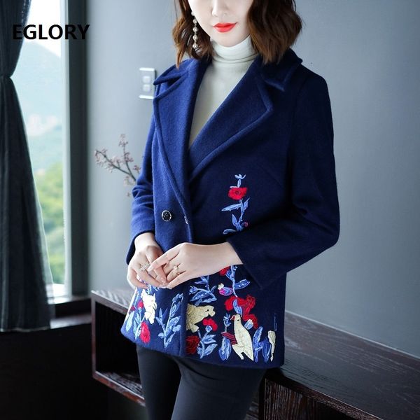 

blends autumn winter fashion jackets women exquisite embroidery wool female double breasted plus size xxxxl coat outwear, Black