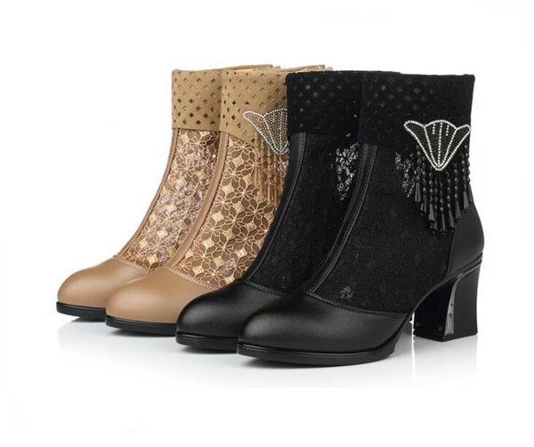 

quality women lace leather boots zapatos femme square high heel boot, Black