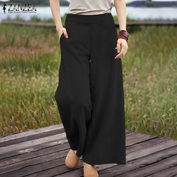 

women's pants & capris elegant solid wide leg women autumn trouser 2022 casual elastic waist long pantalon palazzo female turnip plus s, Black;white